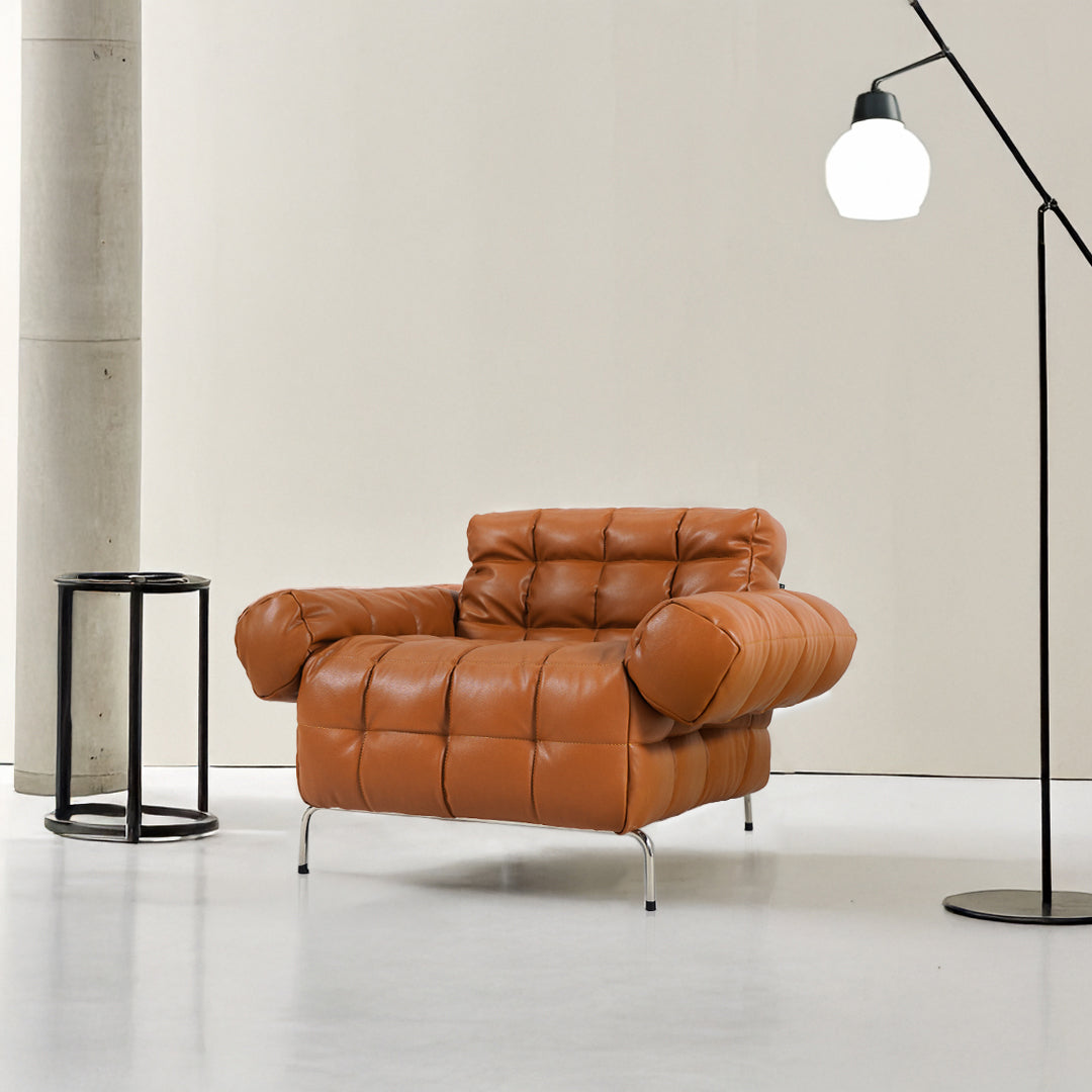 BEACON Yabo Lounge Chair LC077 in orange, modern design, with cushioned seat and sleek wooden legs for stylish comfort.