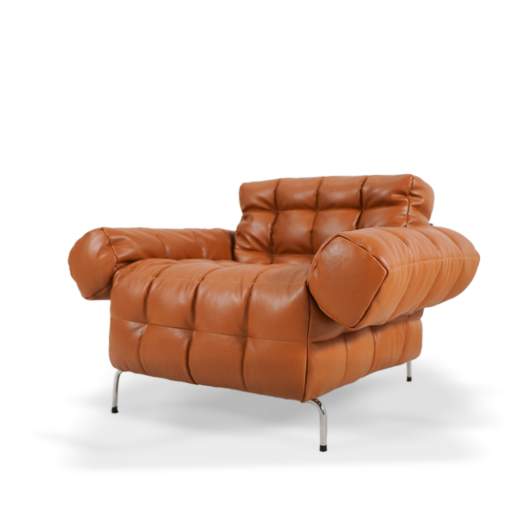 Pre-order Yabo Lounge Chair LC077 by BEACON in orange, modern design with cushioned seat and sleek frame, ready for delivery.