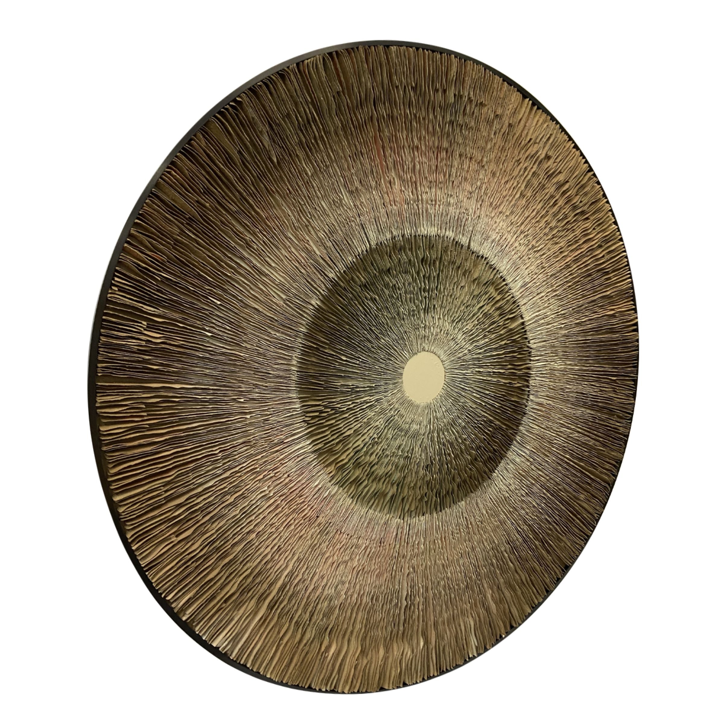 Handmade paper artwork painting with a 120 cm diameter, by BEACON, showcasing intricate designs on textured paper.