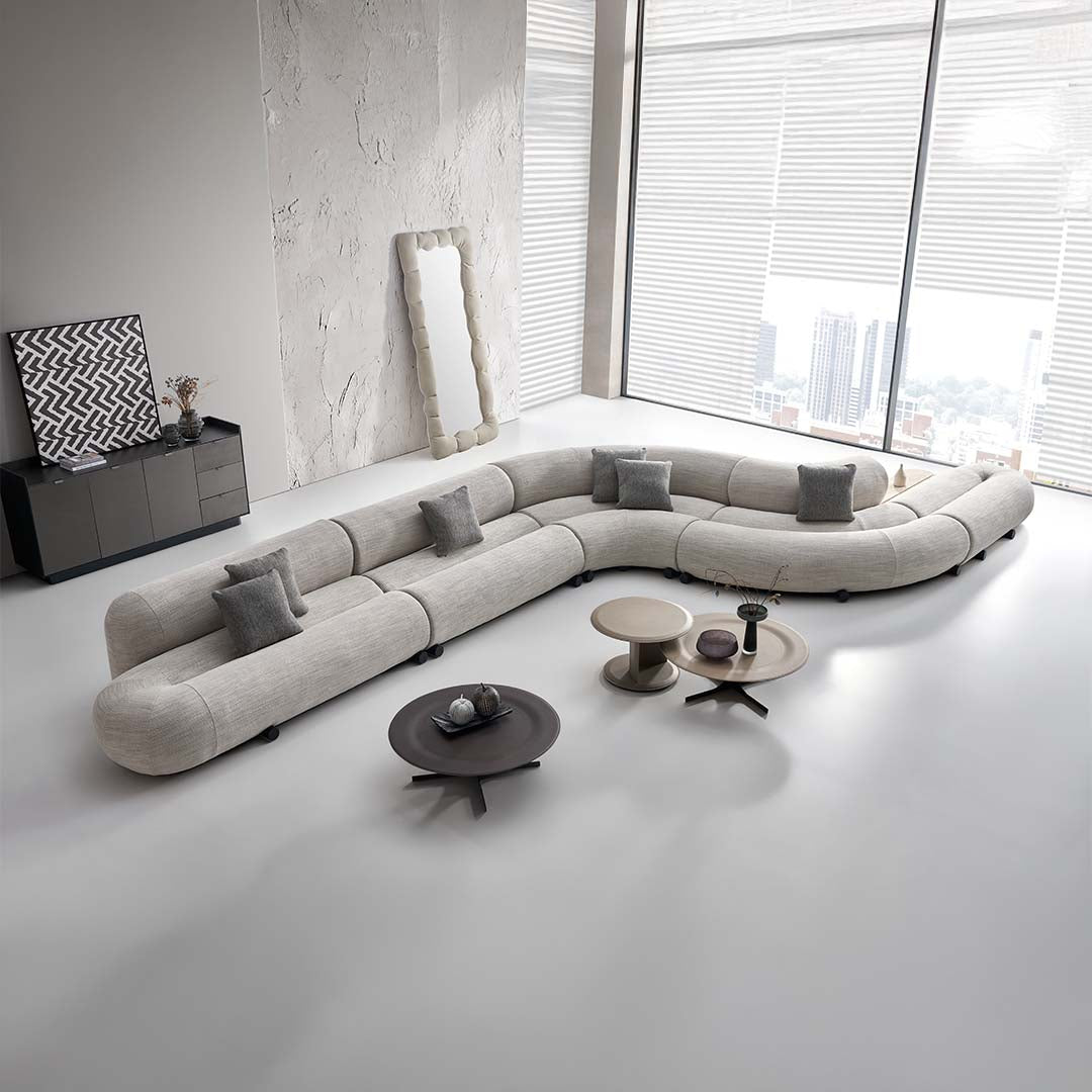 Beige saddle leather Metropolitan Stitch coffee table by BEACON, featuring a stylish and modern design for contemporary living spaces.
