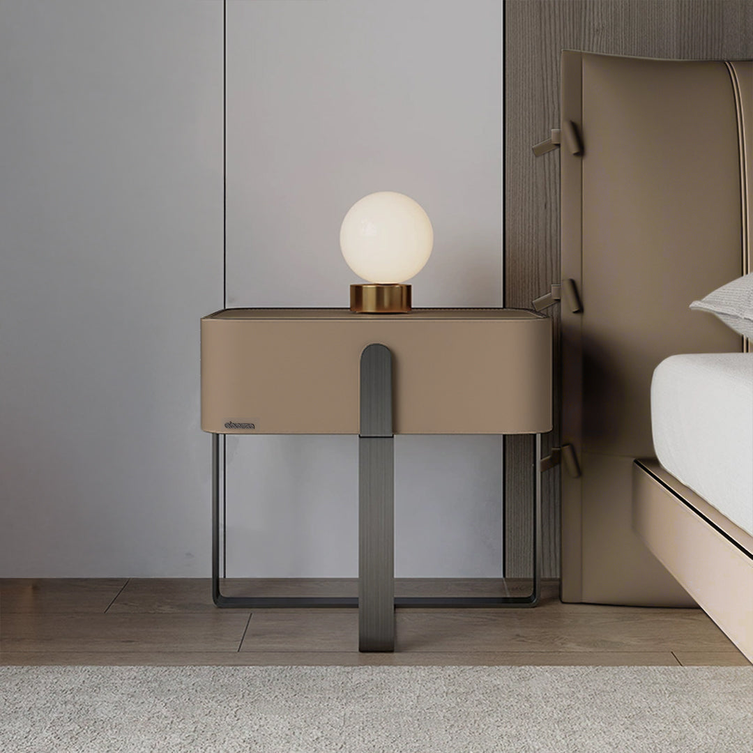 Saddle leather bedside table from BEACON, featuring a sleek design and storage drawer, perfect for bedroom decor.