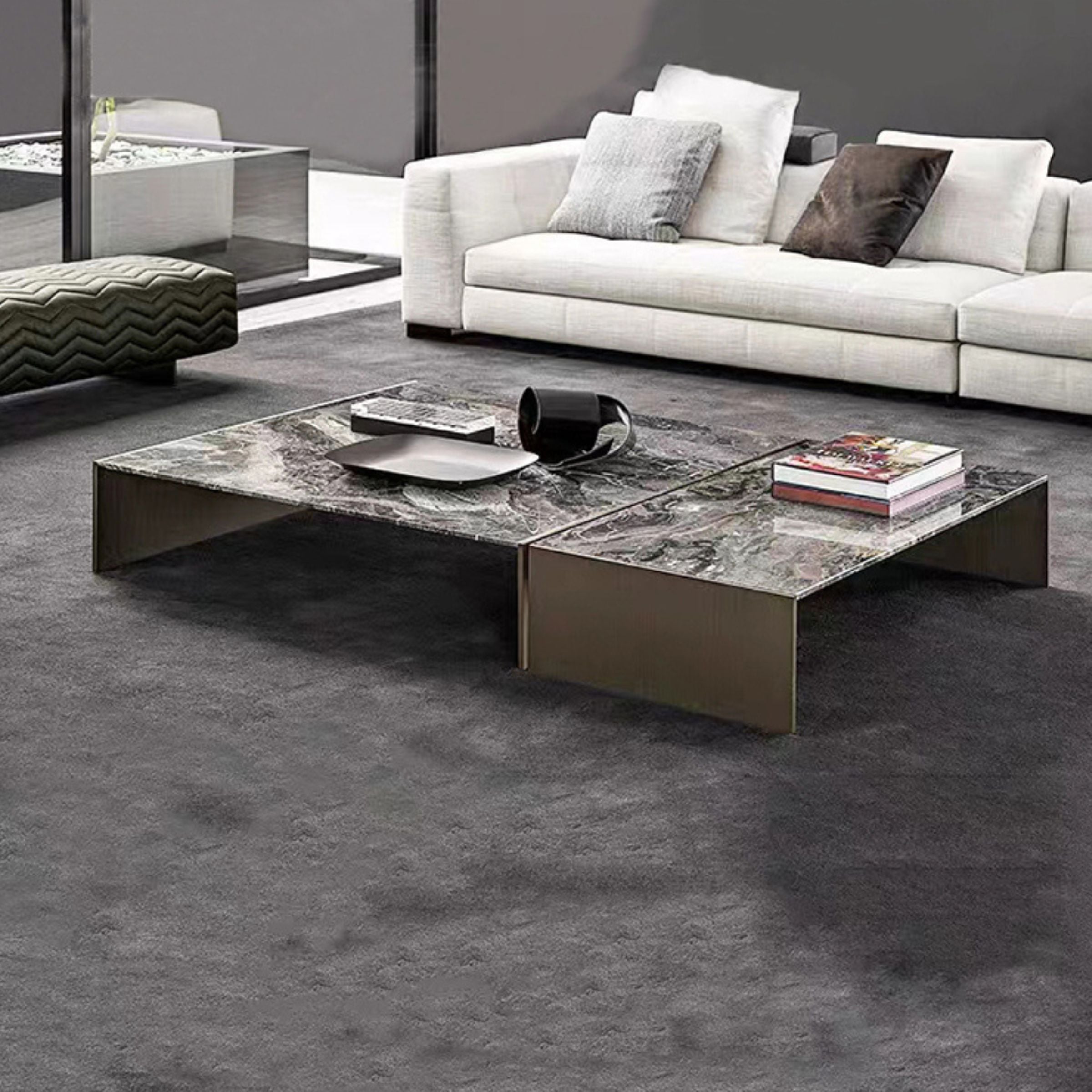 Set of 2 BEACON chrome bronze stainless steel natural marble coffee tables, modern design, with sleek surfaces and sturdy construction.