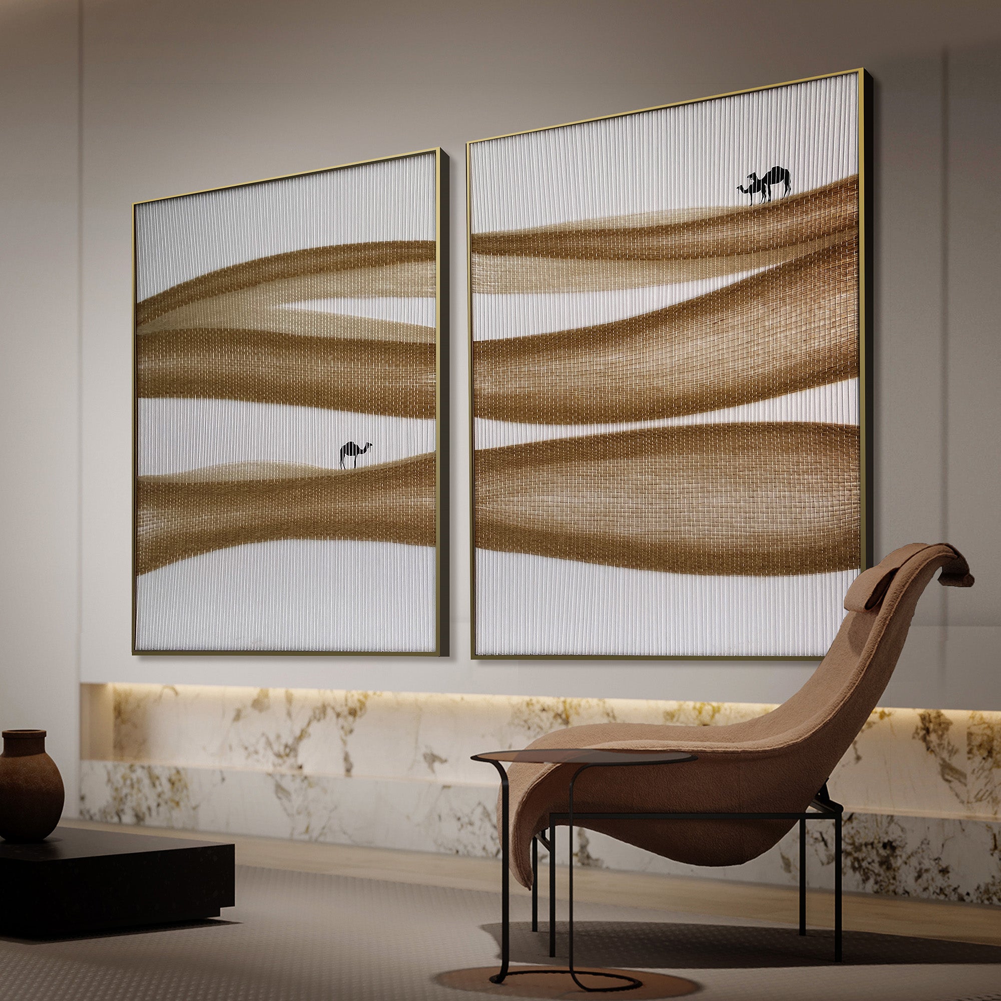 Set of 2 handmade fiber weaving camel paintings, 90x120 cm, showcasing intricate craftsmanship and vibrant desert scene artwork.