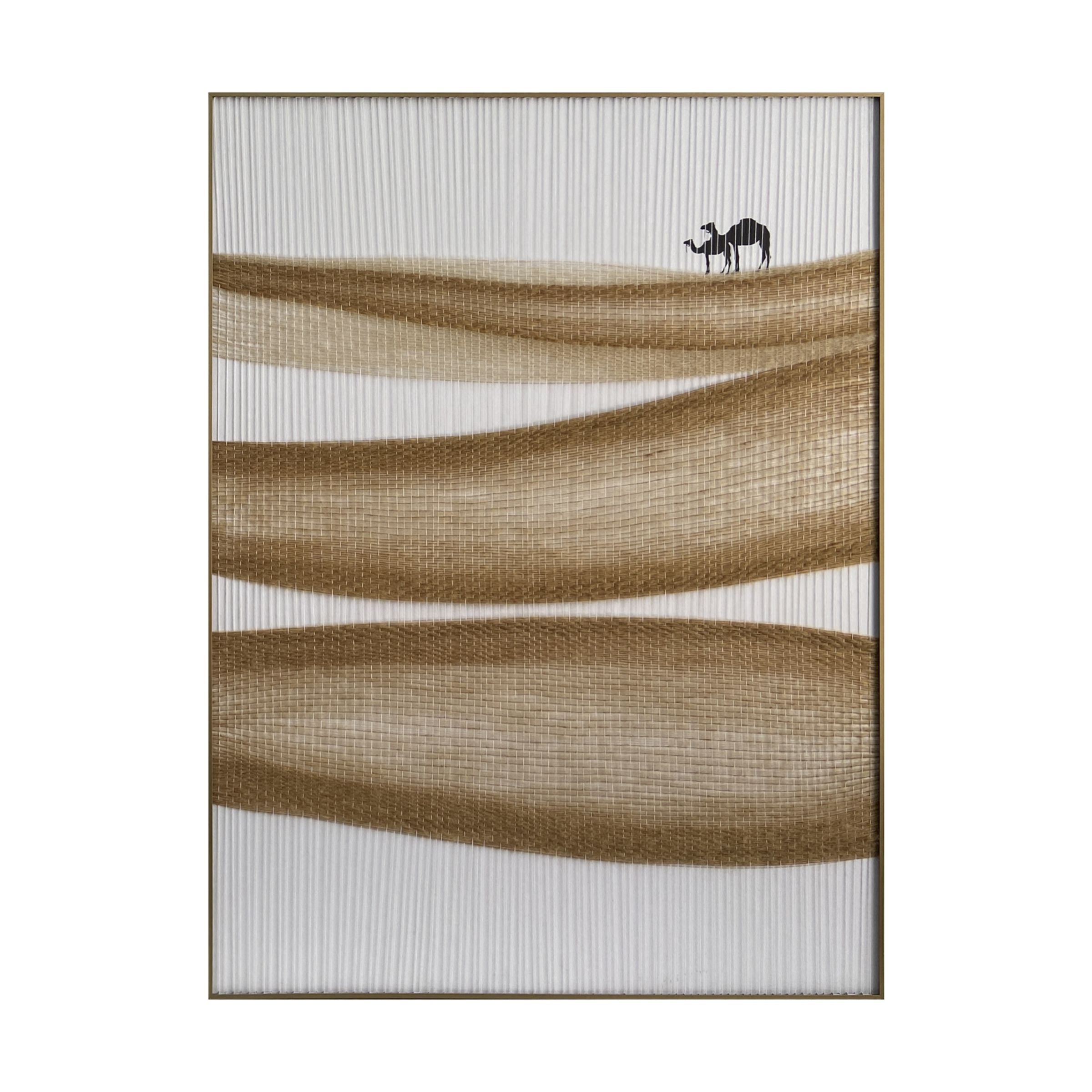 Set of 2 handmade fiber weaving camel paintings, 90x120 cm, by BEACON, featuring intricate camel designs on canvas.