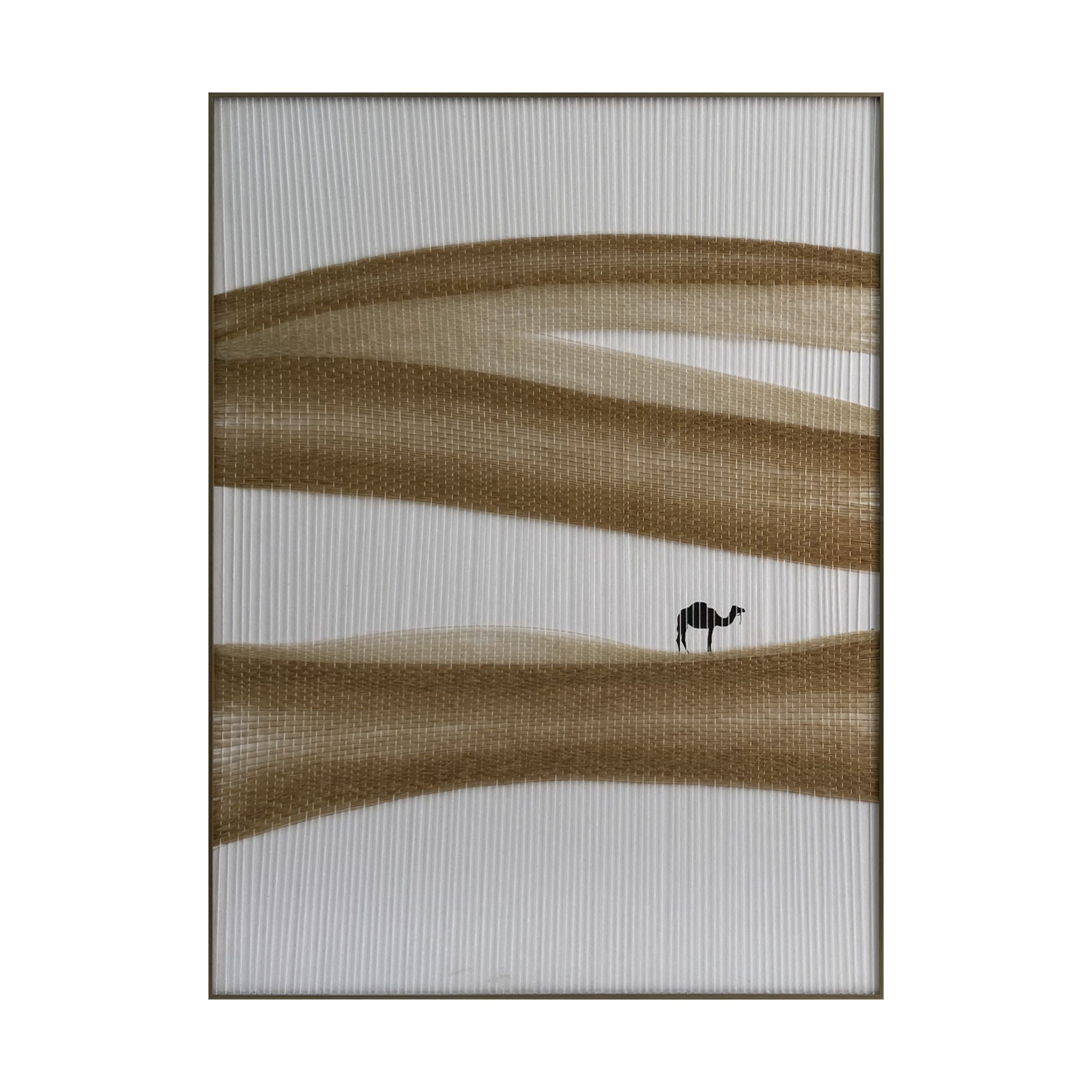 Set of 2 handmade fiber weaving camel paintings, 90x120 cm, featuring intricate designs and natural textures.