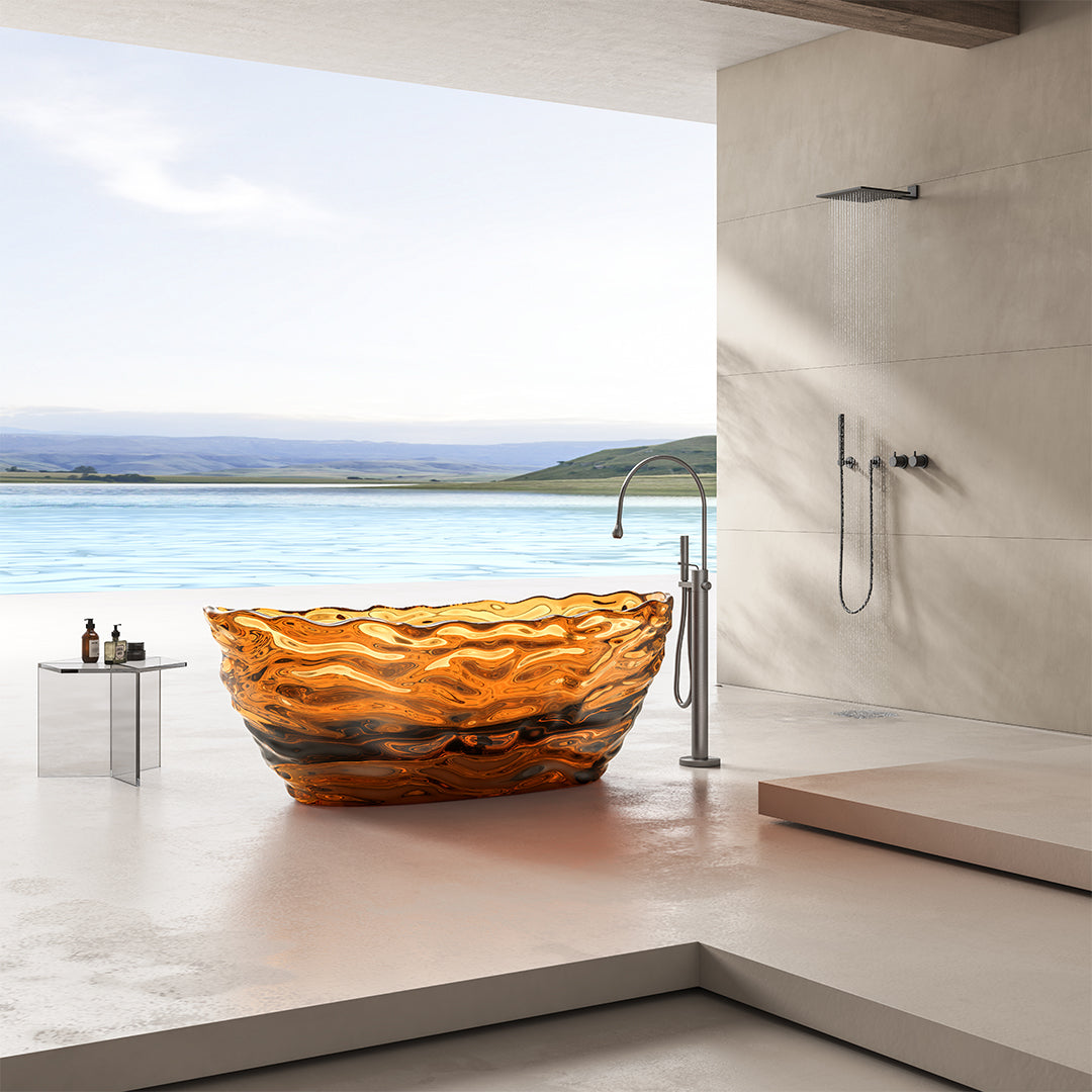 Elysium bathtub with faucet by BEACON, modern acrylic bathtub with chrome faucet and sleek design, ready for installation.