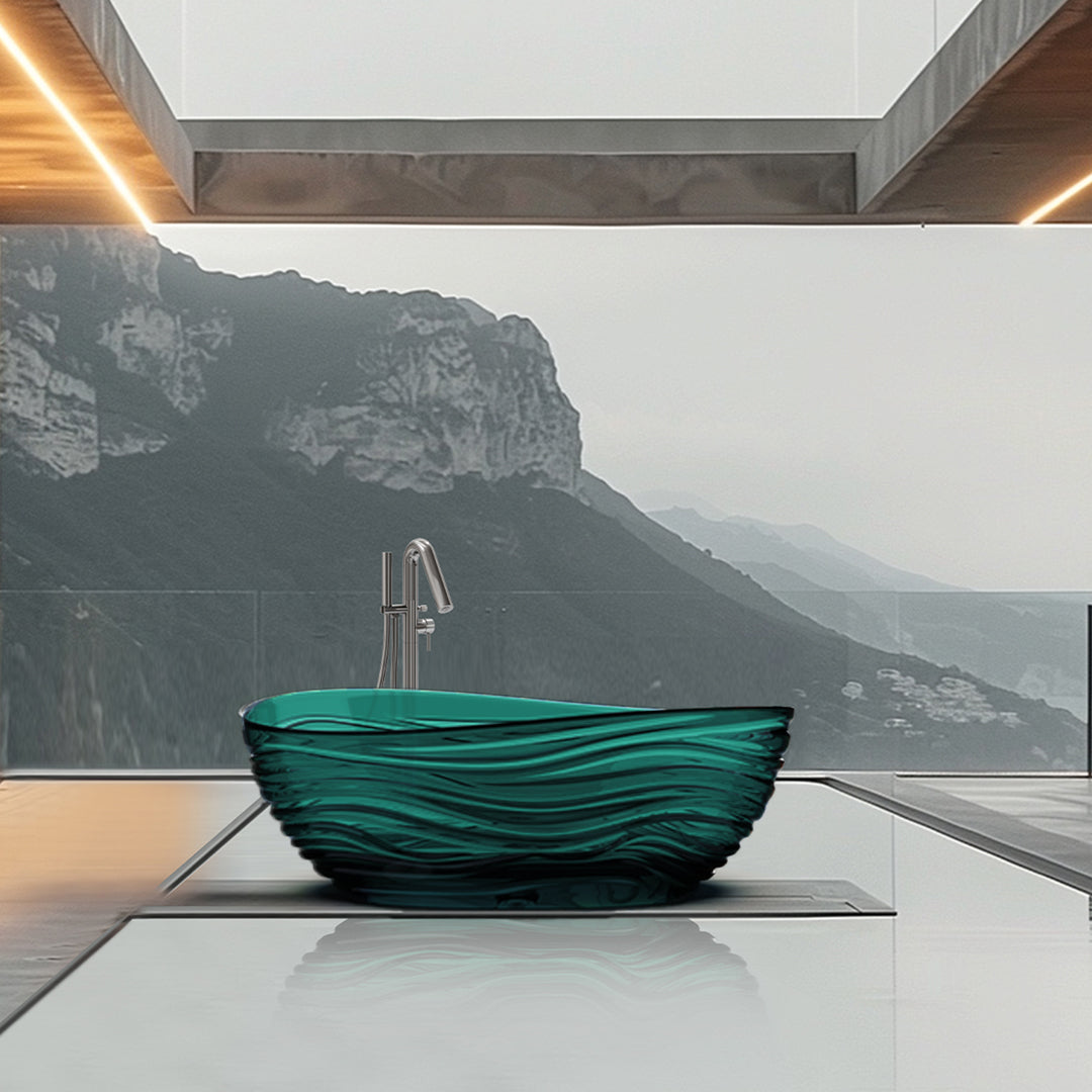 Luxura bathtub with faucet by BEACON, featuring a sleek modern design, shown with smooth curves and a built-in tap.