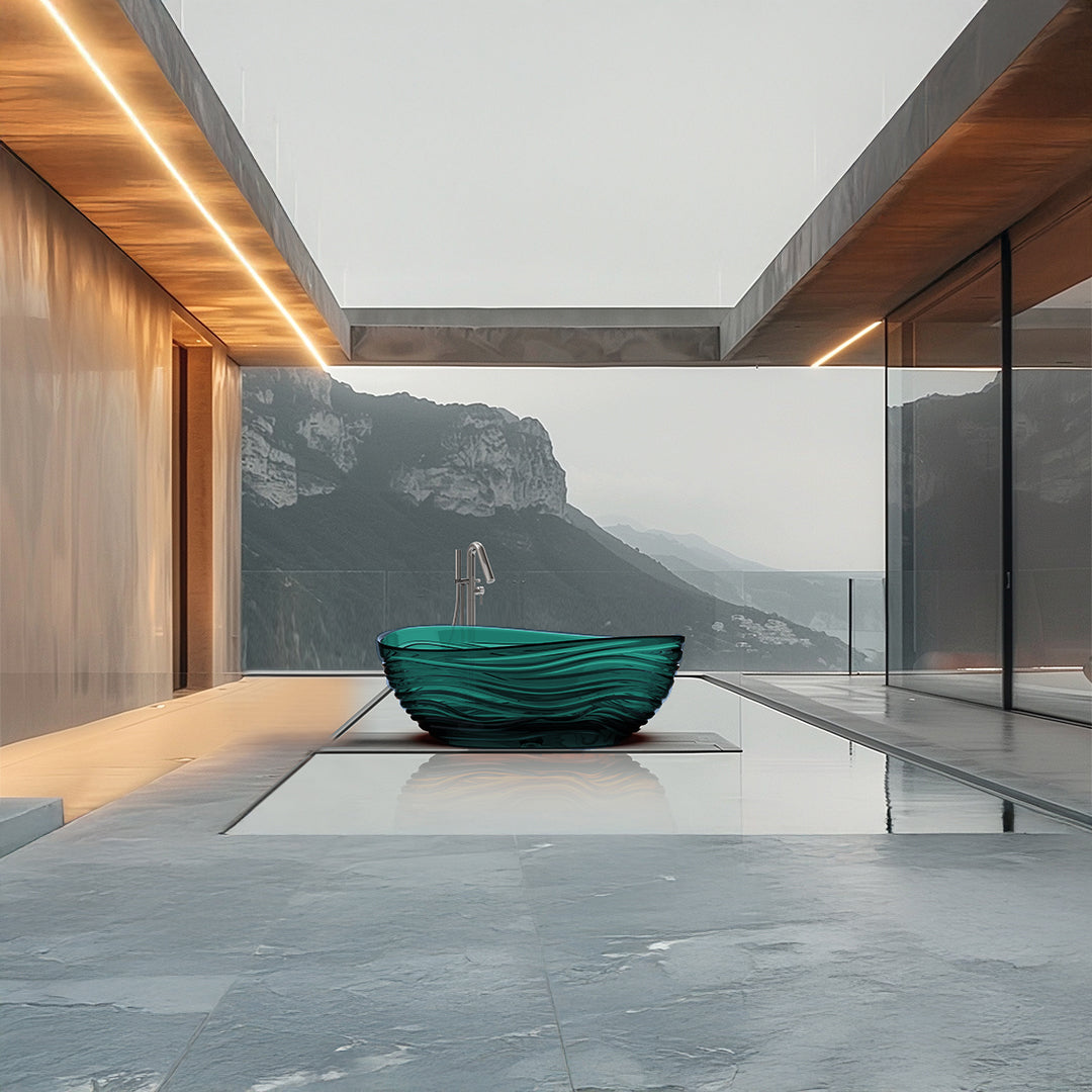 BEACON Luxura bathtub with faucet, modern white ceramic bathtub featuring sleek faucet, ideal for luxurious bathroom setups.