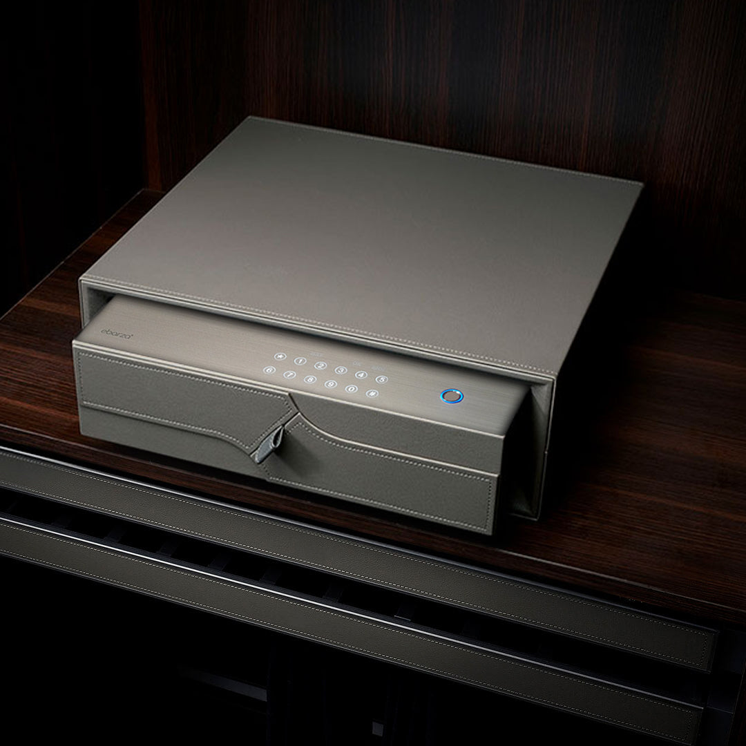 Small leather safe box by BEACON with digital keypad and fingerprint scanner, compact design with secure locking system.