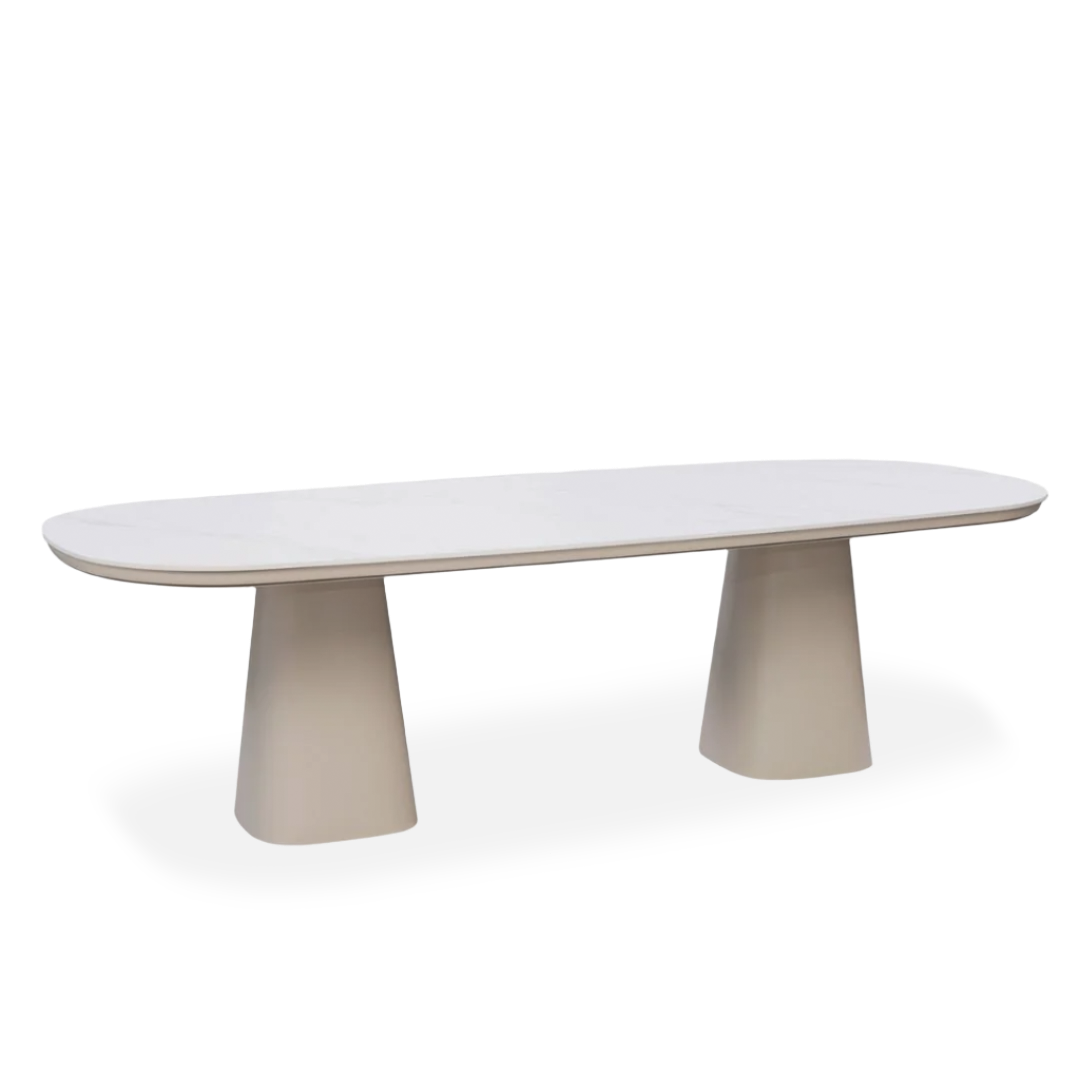 Outdoor dining table with ceramic top by BEACON, featuring a sturdy block design and spacious surface for outdoor meals.