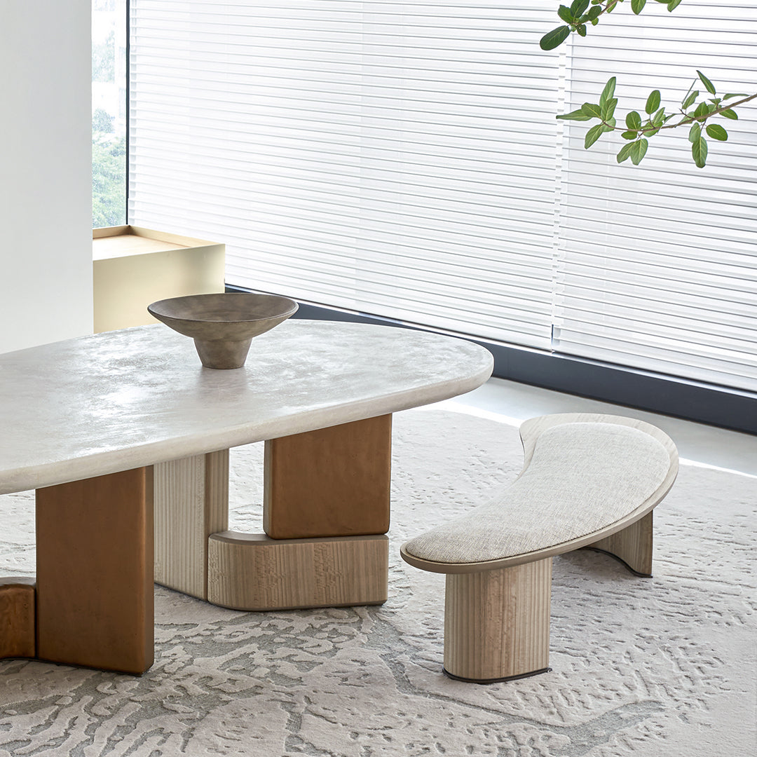 Grandeur marble and veneer dining table by BEACON, modern rectangular dining table with elegant marble surface and wooden veneer finish.