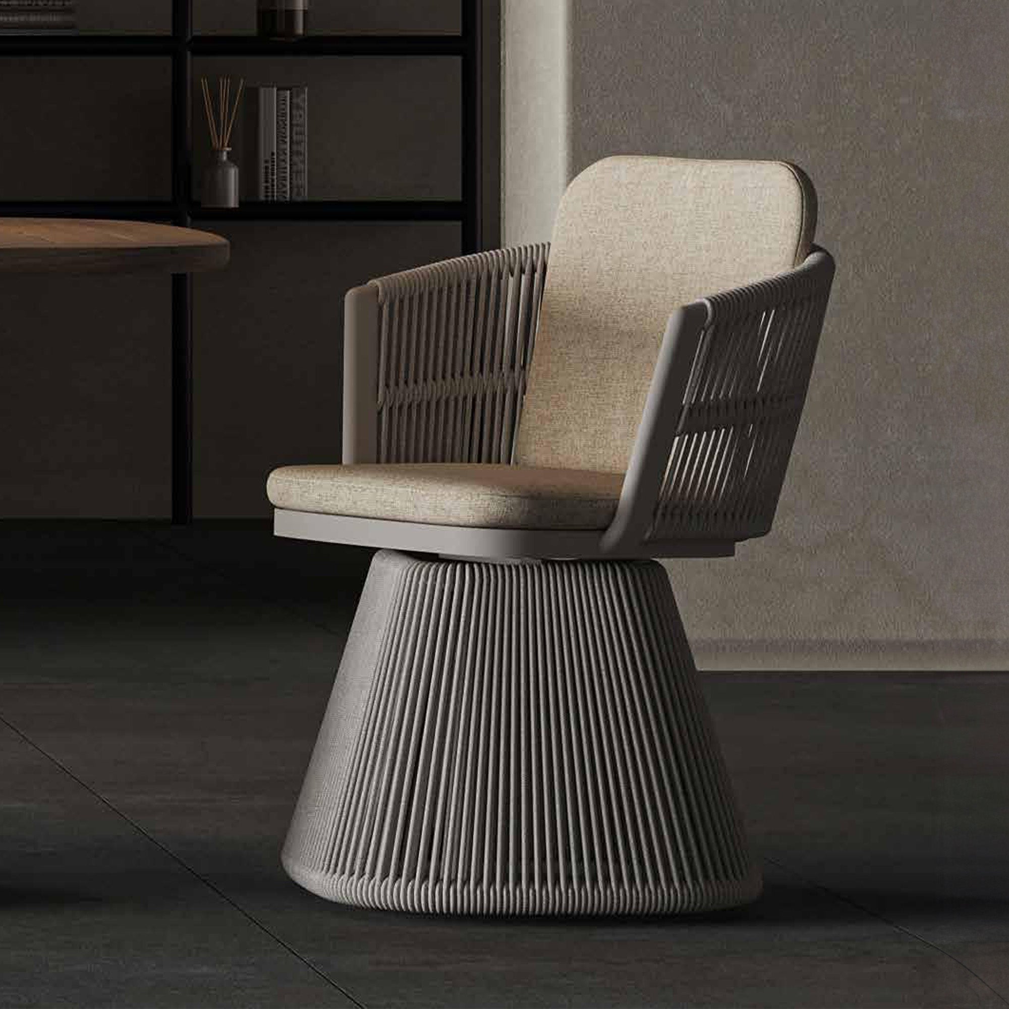 Beige Marrakech outdoor swivel chair with rope accents, designed for outdoor seating, from BEACON brand, model AC5879N111ROP.
