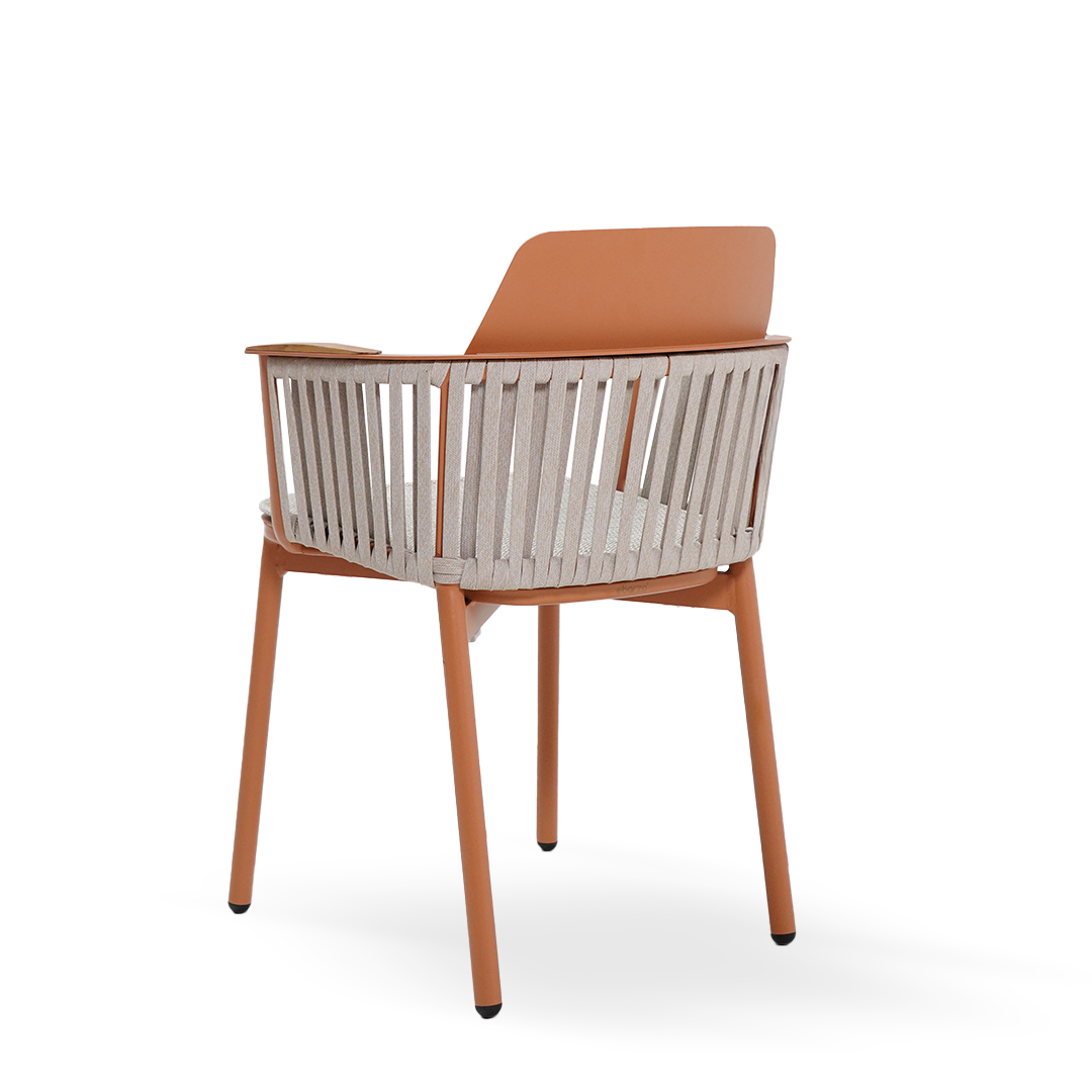 Outdoor Porto dining armchair by BEACON with aluminum back and PVC strap, designed for outdoor patio or garden use.