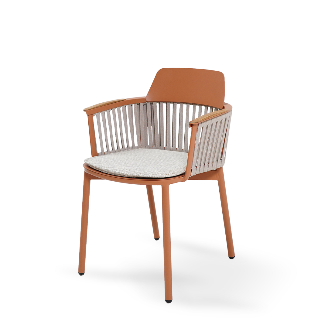 Porto outdoor dining armchair by BEACON with aluminum backrest and PVC strap, ideal for outdoor dining spaces.