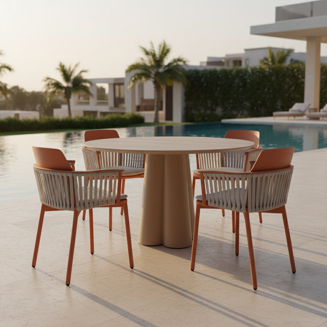 Porto outdoor dining armchair by BEACON with aluminum back and PVC strap, designed for outdoor patio seating.