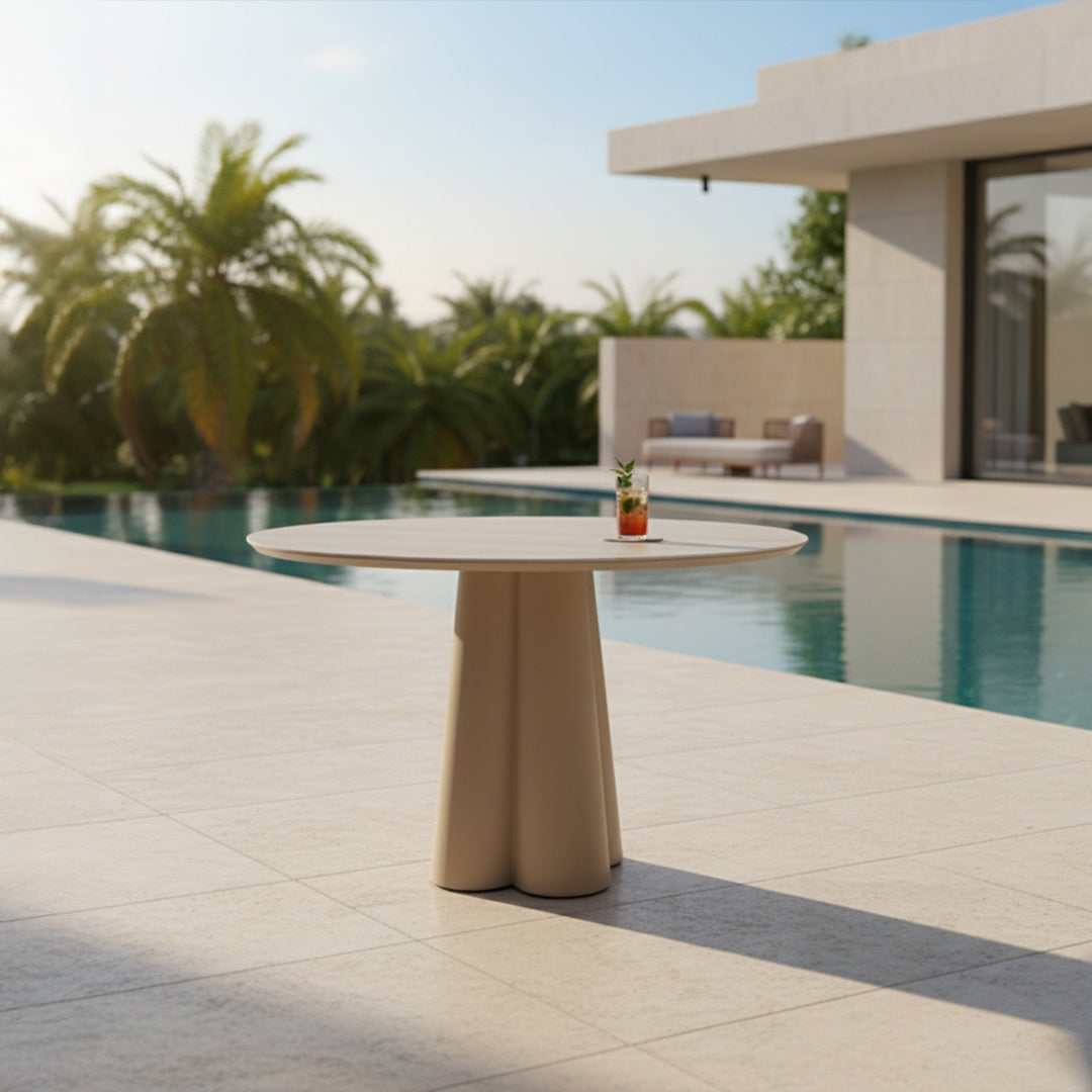BEACON Tropica outdoor travertine dining table, 120cm, with sleek design, ideal for outdoor dining spaces.