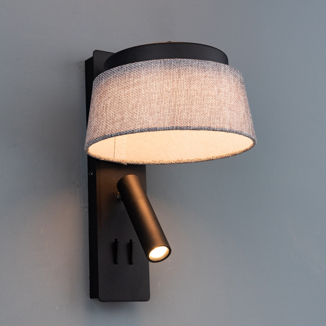 BEACON hotel-style wall reading lamps with black and grey linen shades, designed for headboards and wall mounting.