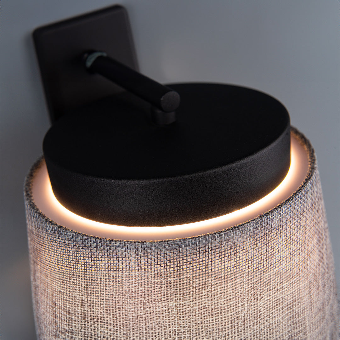 Calm hotel style wall reading lamp with black and grey linen shade, designed by BEACON, perfect for headboard or wall lighting.