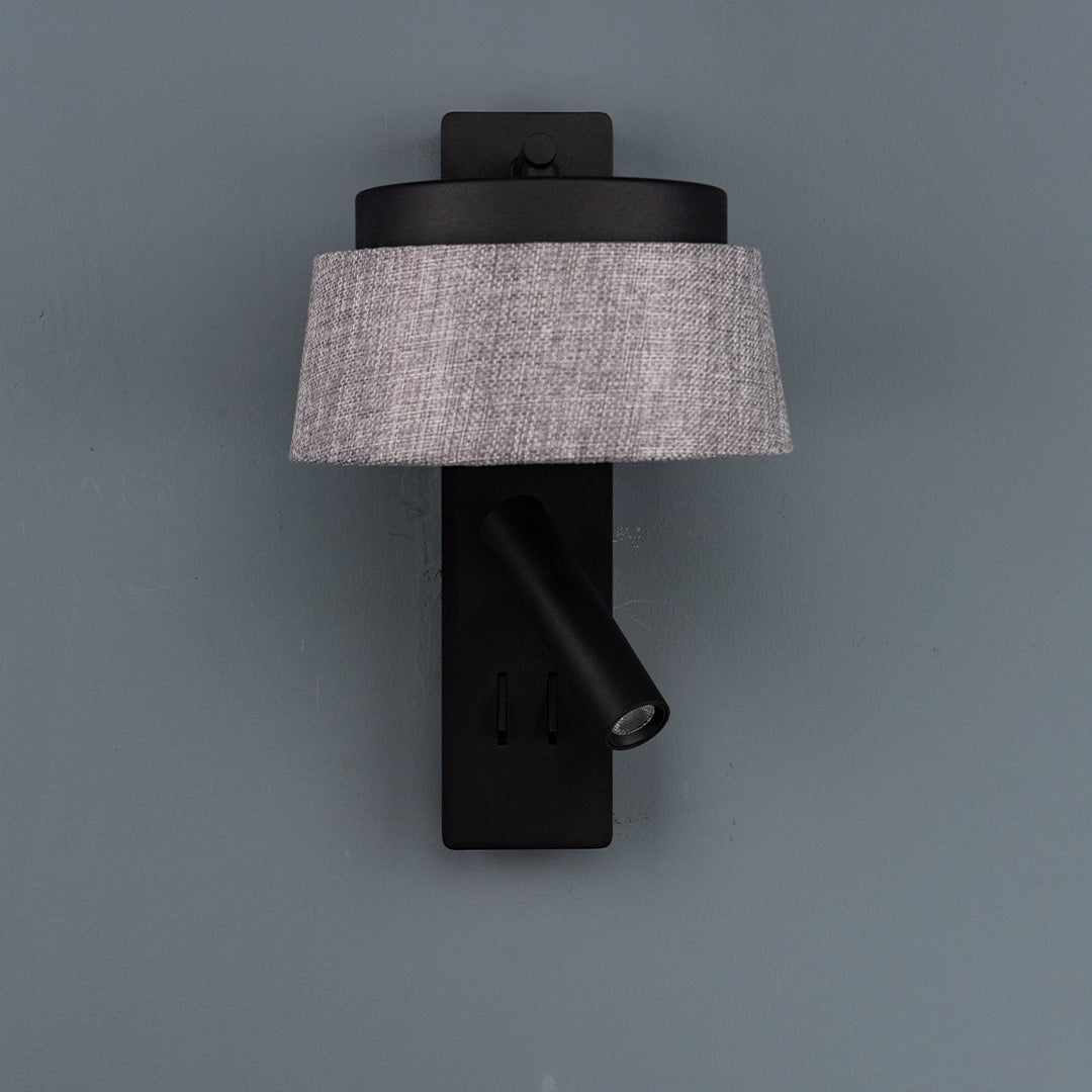 BEACON wall lamps with black and grey linen shades, designed for hotel-style headboards and wall reading lighting.