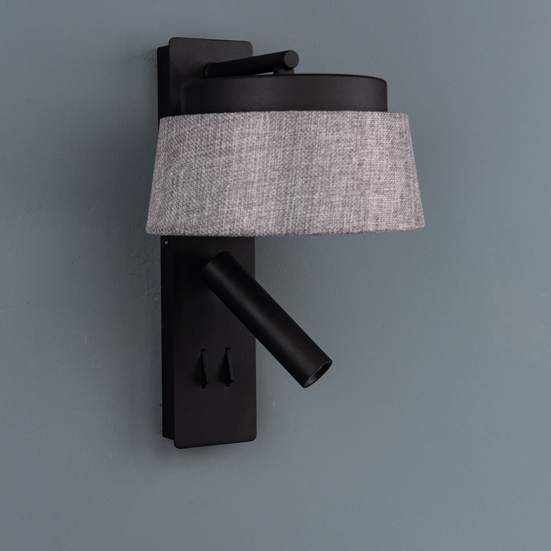 BEACON hotel-style wall reading lamp with black and grey linen shade, ideal for headboards or wall lighting in modern bedrooms