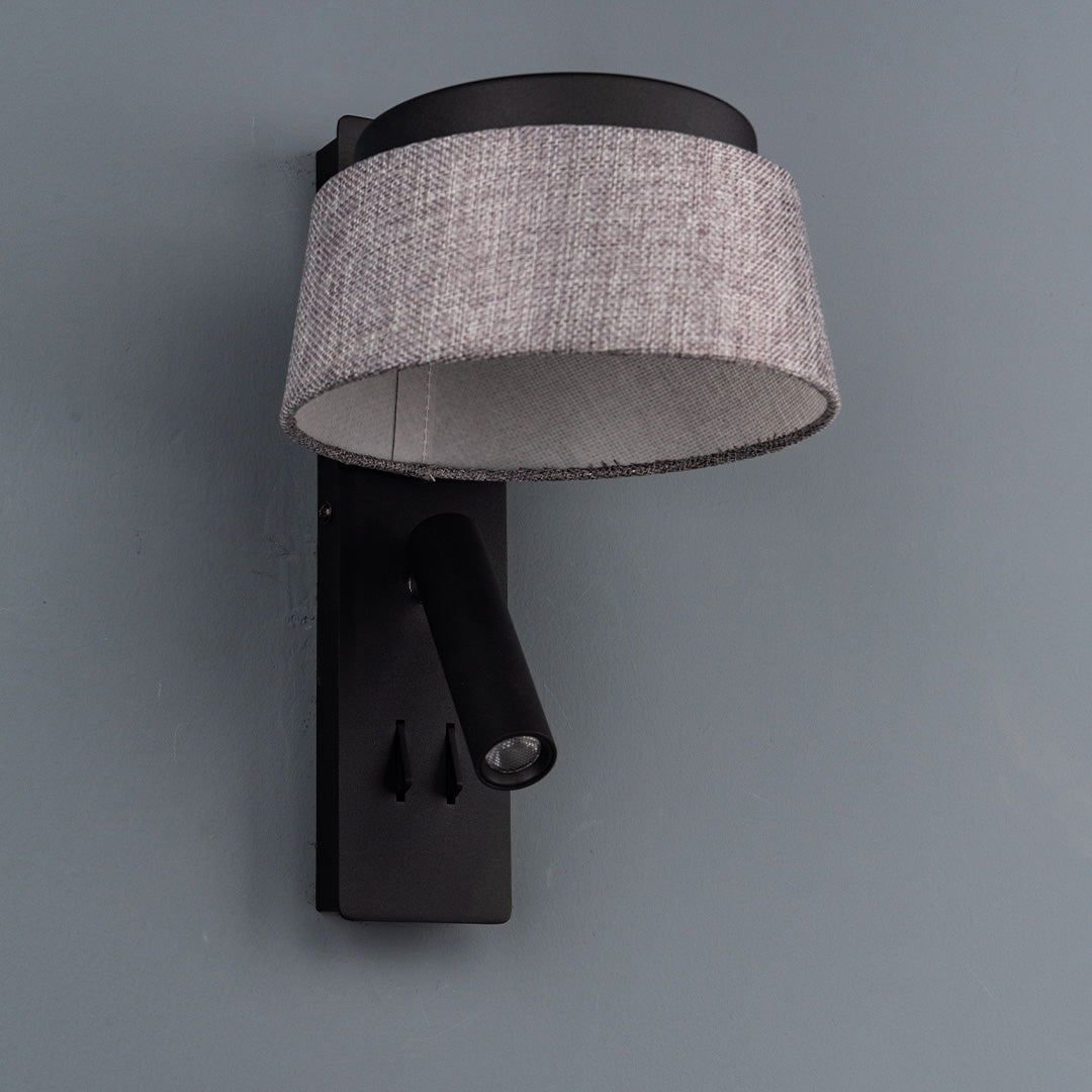 Calm hotel-style wall reading lamp with black and grey linen shade by BEACON, designed for headboards or wall lighting.
