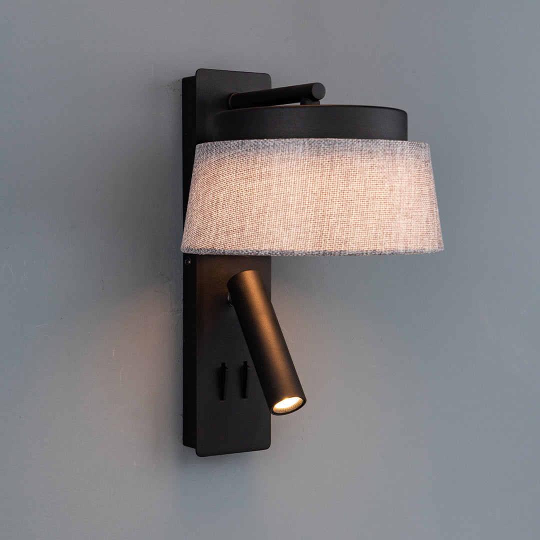 BEACON hotel style wall reading lamp with black and grey linen shade, designed for headboards or wall lighting.