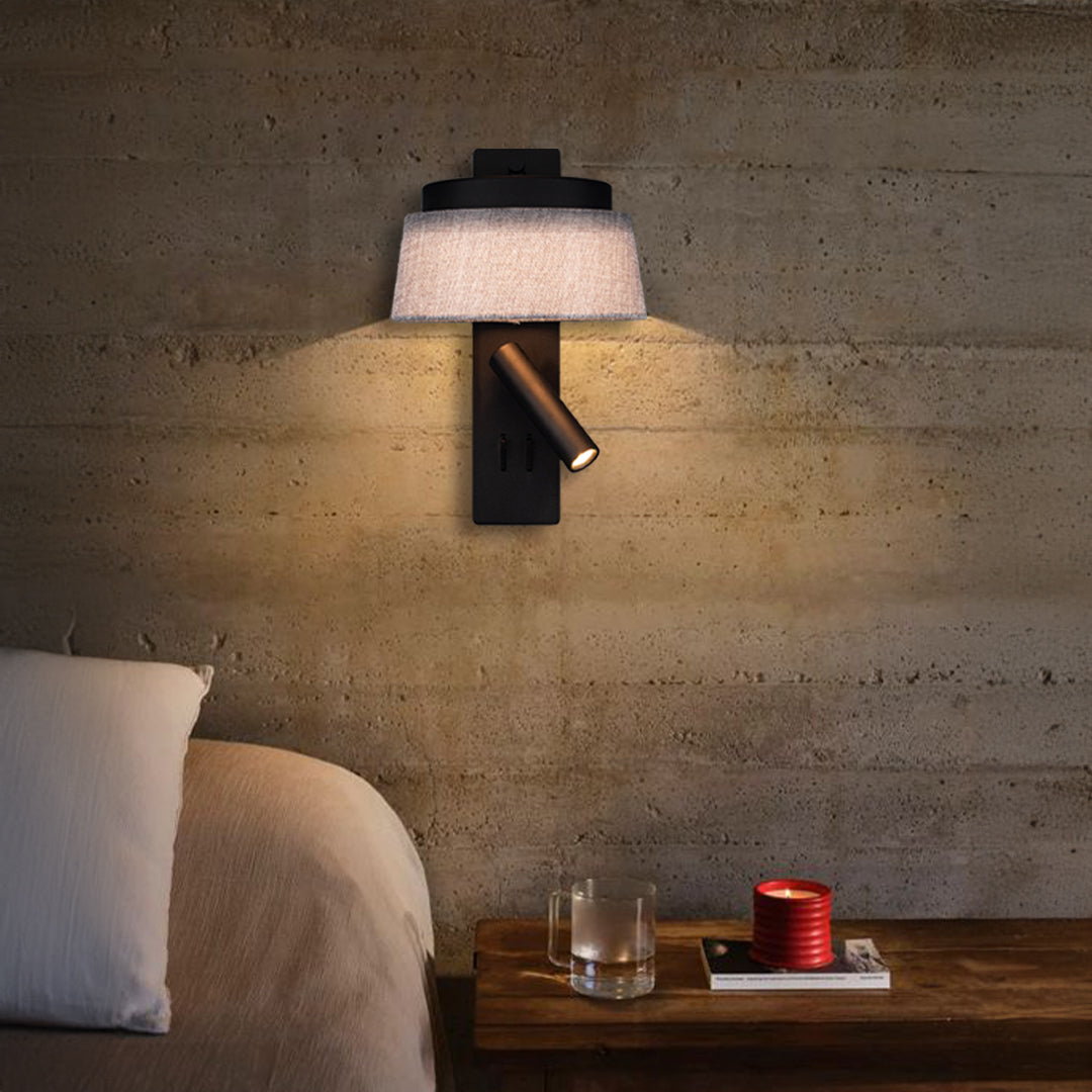 BEACON hotel style wall reading lamp with black and grey linen shade, designed for headboards or wall mounting.