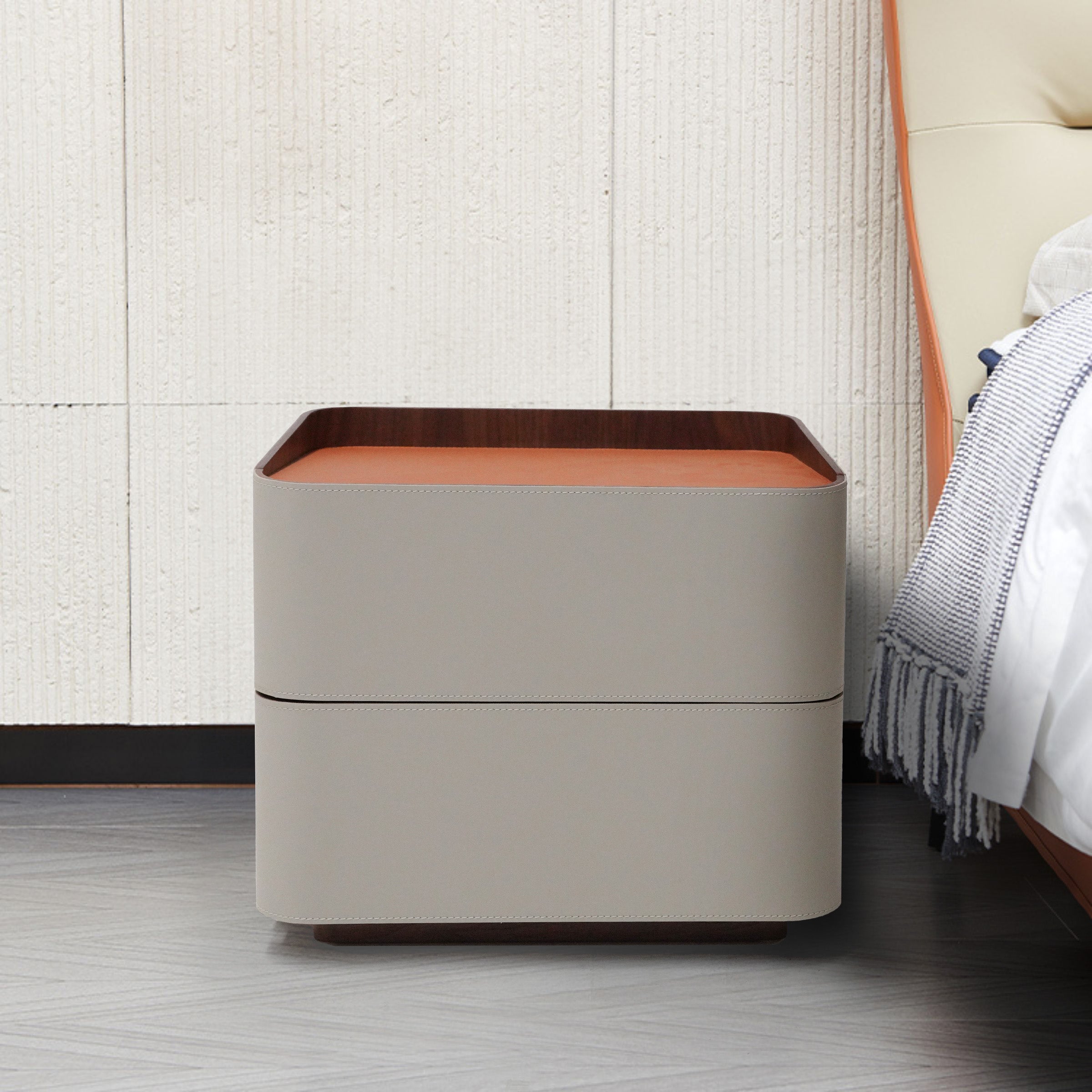 Urban Retreat Saddle Leather Bedside Table by BEACON, featuring a sleek design and practical storage for modern bedrooms.