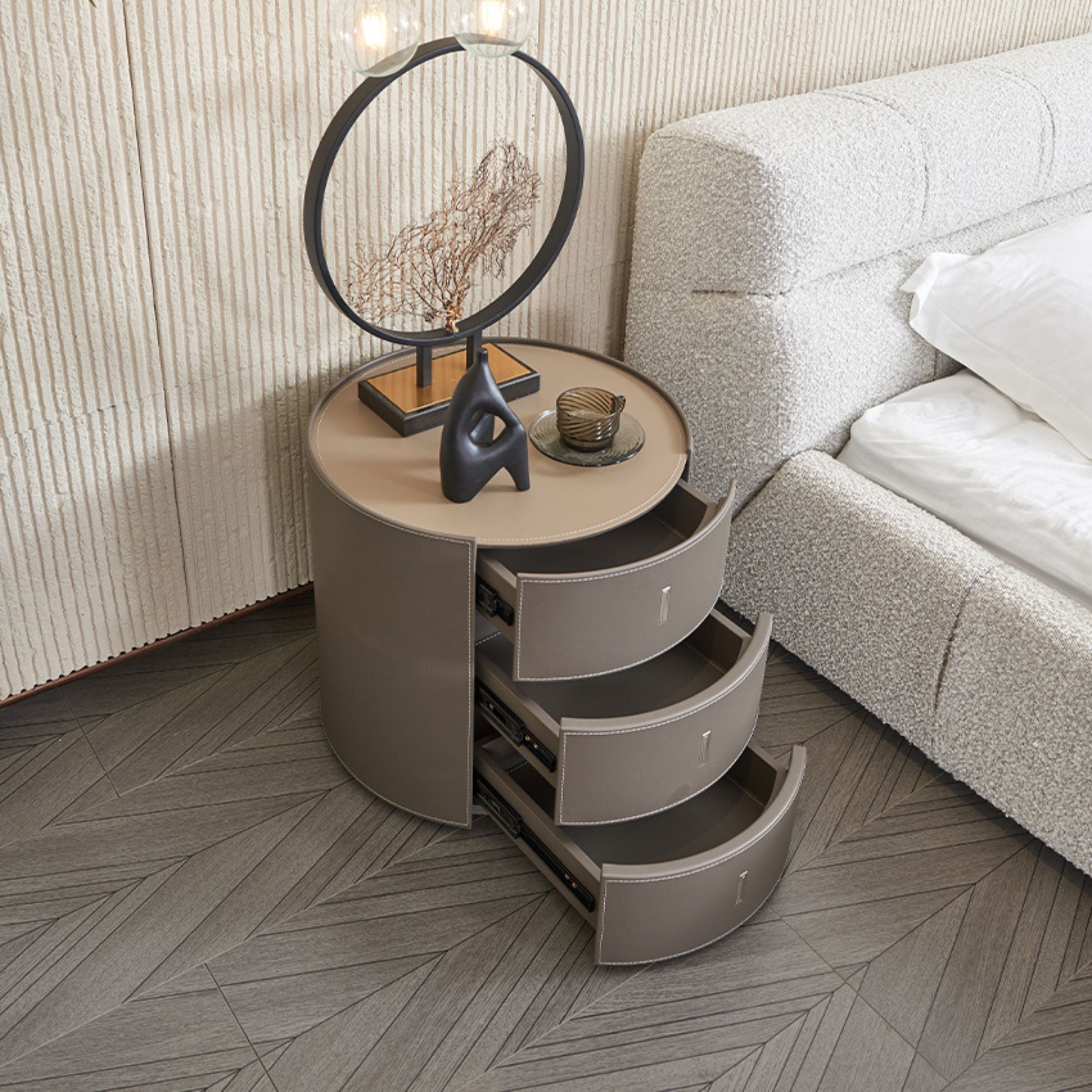 Pre-order 35 Days Delivery - Verona Grey Walnut Veneer Saddle Leather Cabinet MLL-T98 -  Side Tables - ebarza Furniture UAE | Shop Modern Furniture in Abu Dhabi & Dubai - مفروشات ايبازرا في الامارات | تسوق اثاث عصري وديكورات مميزة في دبي وابوظبي