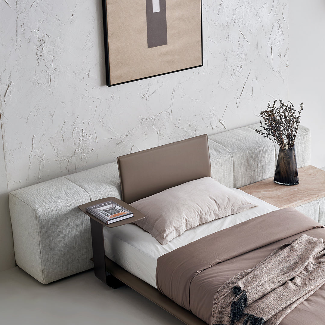 BEACON Puzzle Headboard and Long Back Sofa Unit, stylish bedstead with integrated sofa design, shown in a modern bedroom setting.