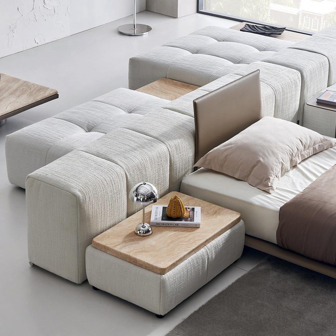 Puzzle headboard and long back sofa unit by BEACON, featuring a modern bedstead design with a comfortable, stylish look.