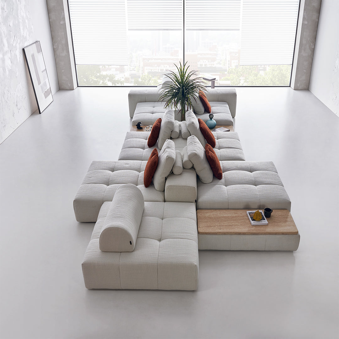Puzzle modular long fabric and metal handrail for sofas, designed for BEACON SF080-B furniture, shown in a sleek, modern setting.