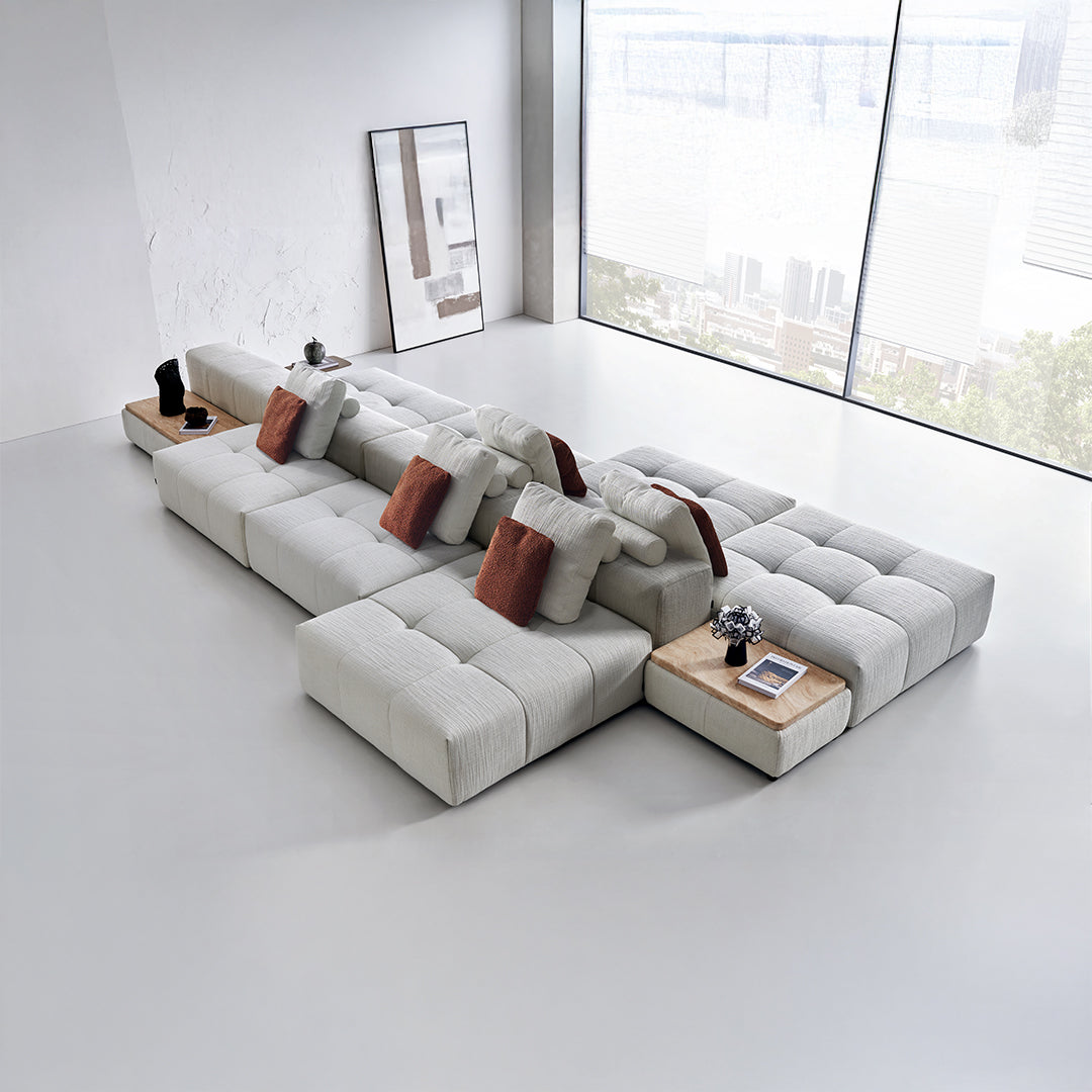 Long modular fabric sofa with metal handrail, beige upholstery, and contemporary design from BEACON SF080-B series.