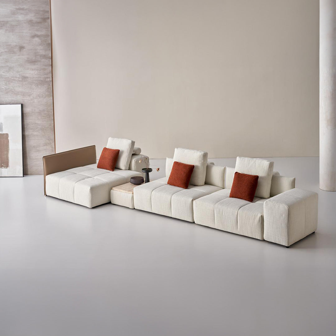 Modular saddle leather sofa with short metal handrail, stylish puzzle design, by BEACON, model SF080-G.