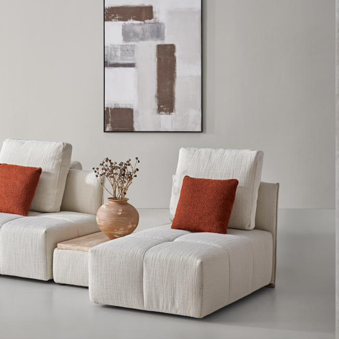 BEACON modular short fabric and metal handrail for sofas, showcasing a contemporary design with fabric cushioning and metal frame.
