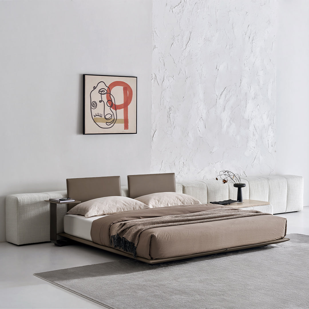BEACON Puzzle Suspended Bed Base with 2 Backrests, modern bedstead with unique design, shown in the product image.