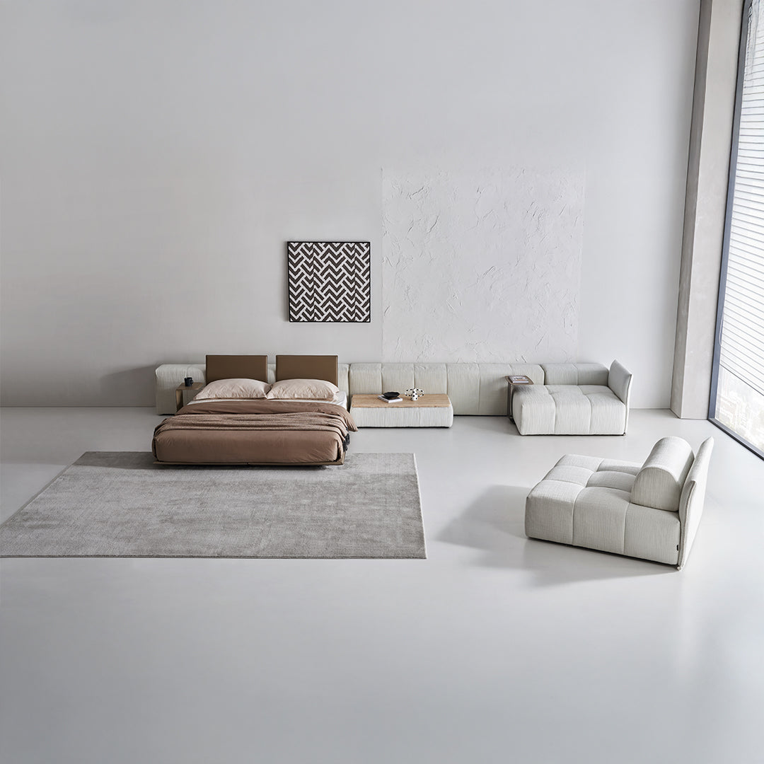 Puzzle suspended bed base with two backrests by BEACON, featuring a modern design and sturdy construction for comfortable sleep.