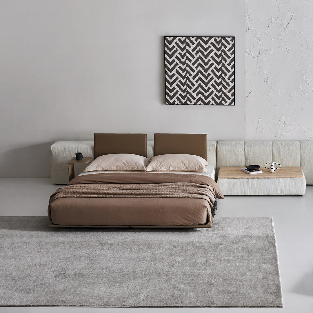 BEACON Puzzle Suspended Bed Base with 2 Backrests, modern bedstead with adjustable supports and padded headrests.
