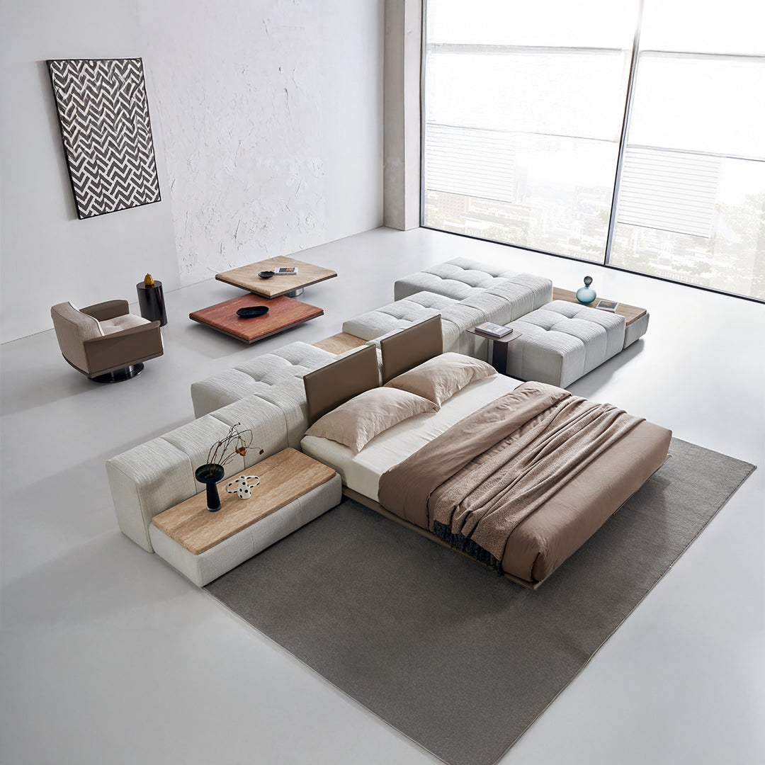 BEACON Puzzle Suspended Bed Base with 2 Backrests, modern bedstead with unique design and sturdy construction.