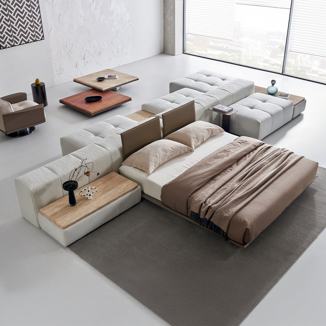 BEACON Puzzle Suspended Bed Base with 2 Backrests, modern bedstead with unique design and sturdy construction.