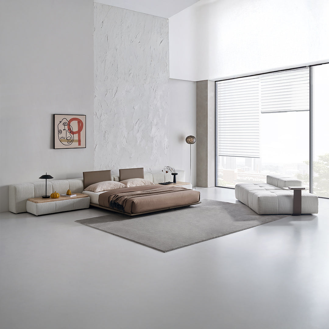 Puzzle suspended bed base with two backrests from BEACON, modern bedstead with adjustable support and stylish design.