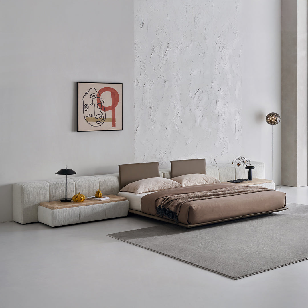 BEACON Puzzle Suspended Bed Base with 2 Backrests, modern bedstead featuring a unique suspended design and supportive headrests.