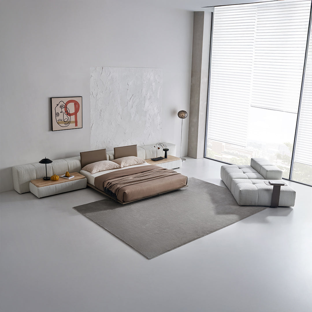Puzzle Suspended Bed Base with 2 Backrests from BEACON, modern bedstead with unique design and comfortable head support.