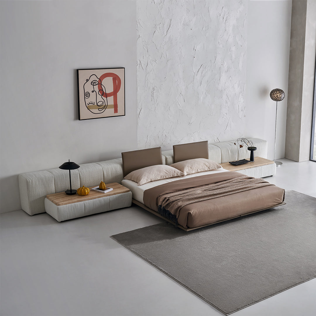 BEACON Puzzle Suspended Bed Base with 2 Backrests, modern bedstead in a bedroom setting, showcasing the unique design and structure.