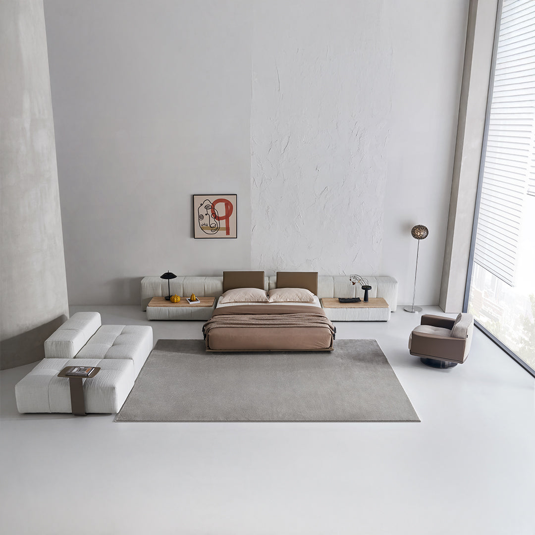 BEACON Puzzle Suspended Bed Base with 2 Backrests, modern bedstead with unique design, shown in a stylish bedroom setting.