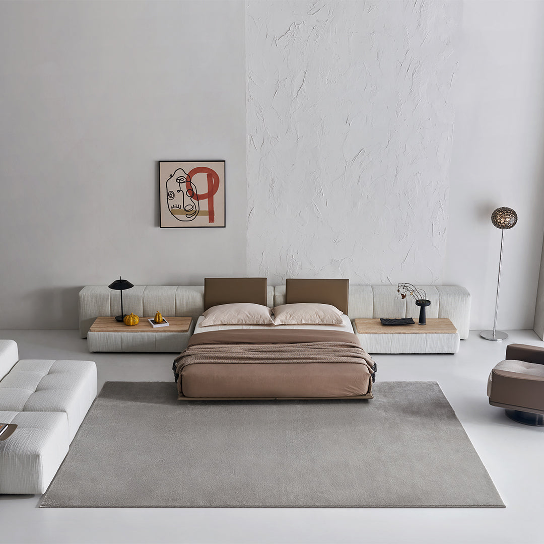 BEACON Puzzle Suspended Bed Base with 2 Backrests, modern bedstead designed for comfort and style in bedroom decor.