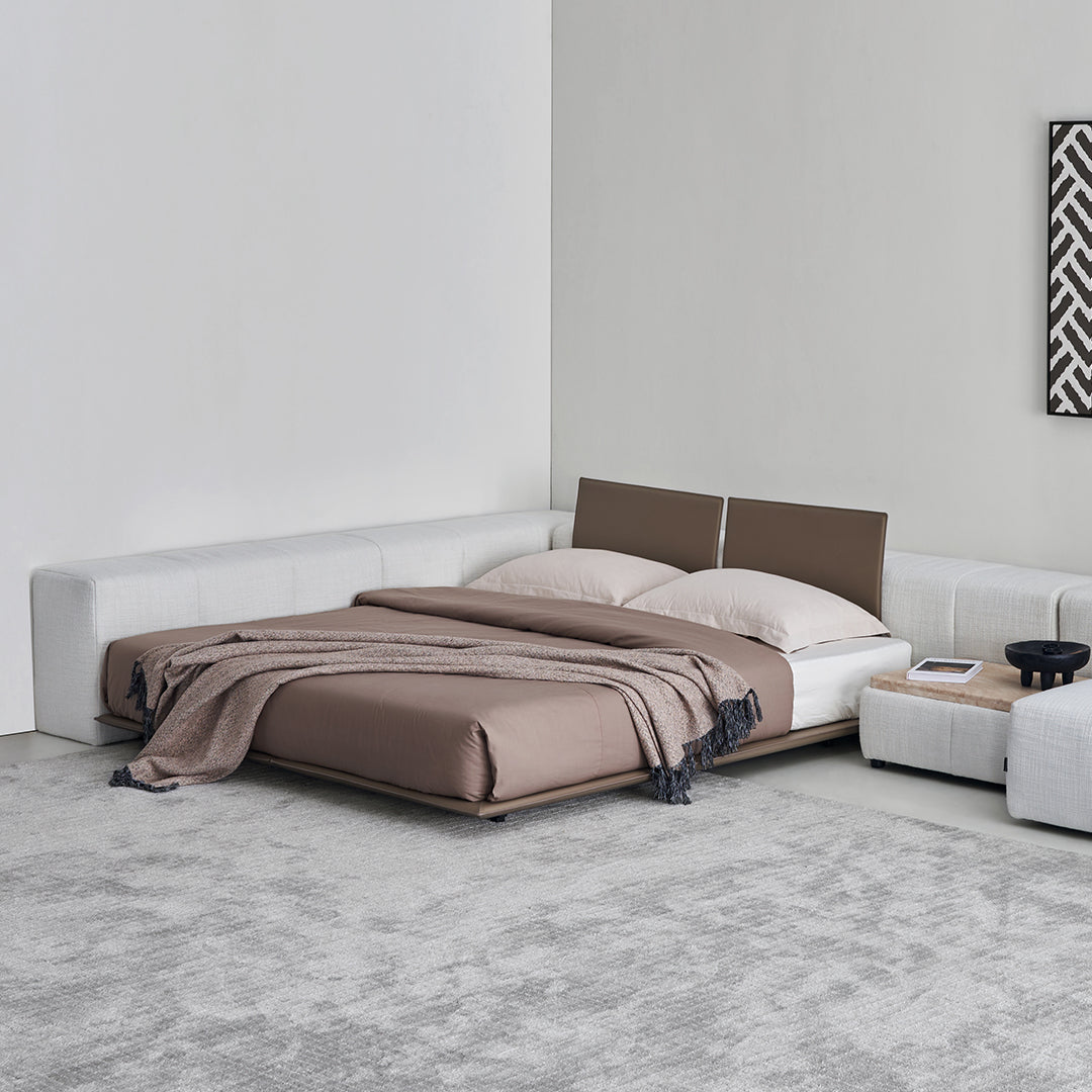BEACON Puzzle Suspended Bed Base with 2 Backrests, modern bedstead with sleek design and supportive headrests.