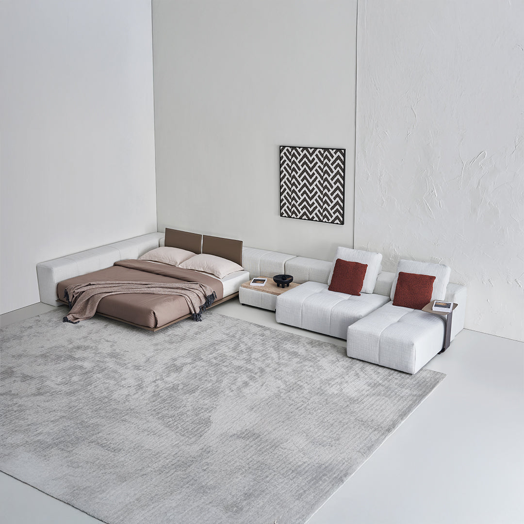BEACON Puzzle Suspended Bed Base with 2 Backrests, modern bedstead with unique design and supporting structure, shown in the image.