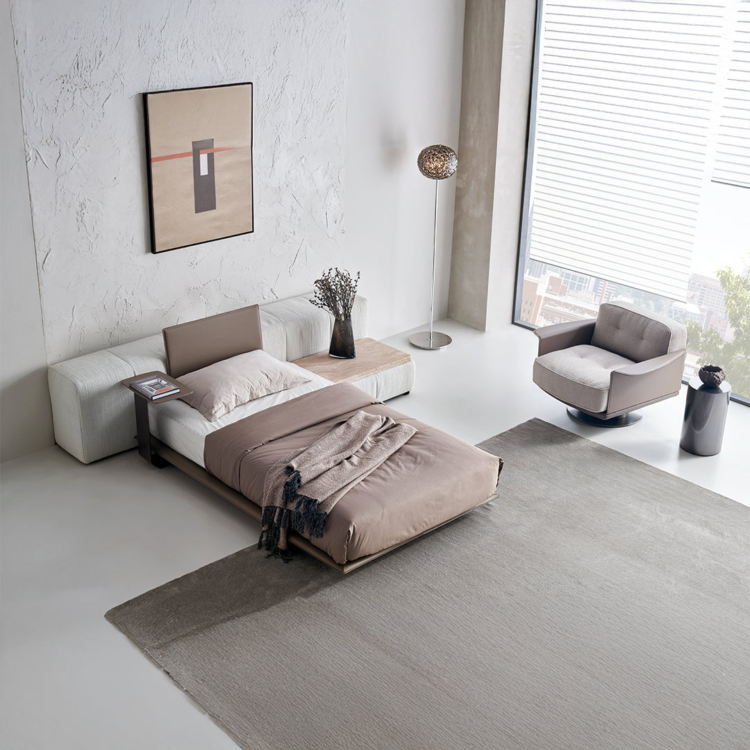 BEACON Puzzle Suspended Single Bed Base with Backrest, modern bedstead with clean lines and sturdy design.