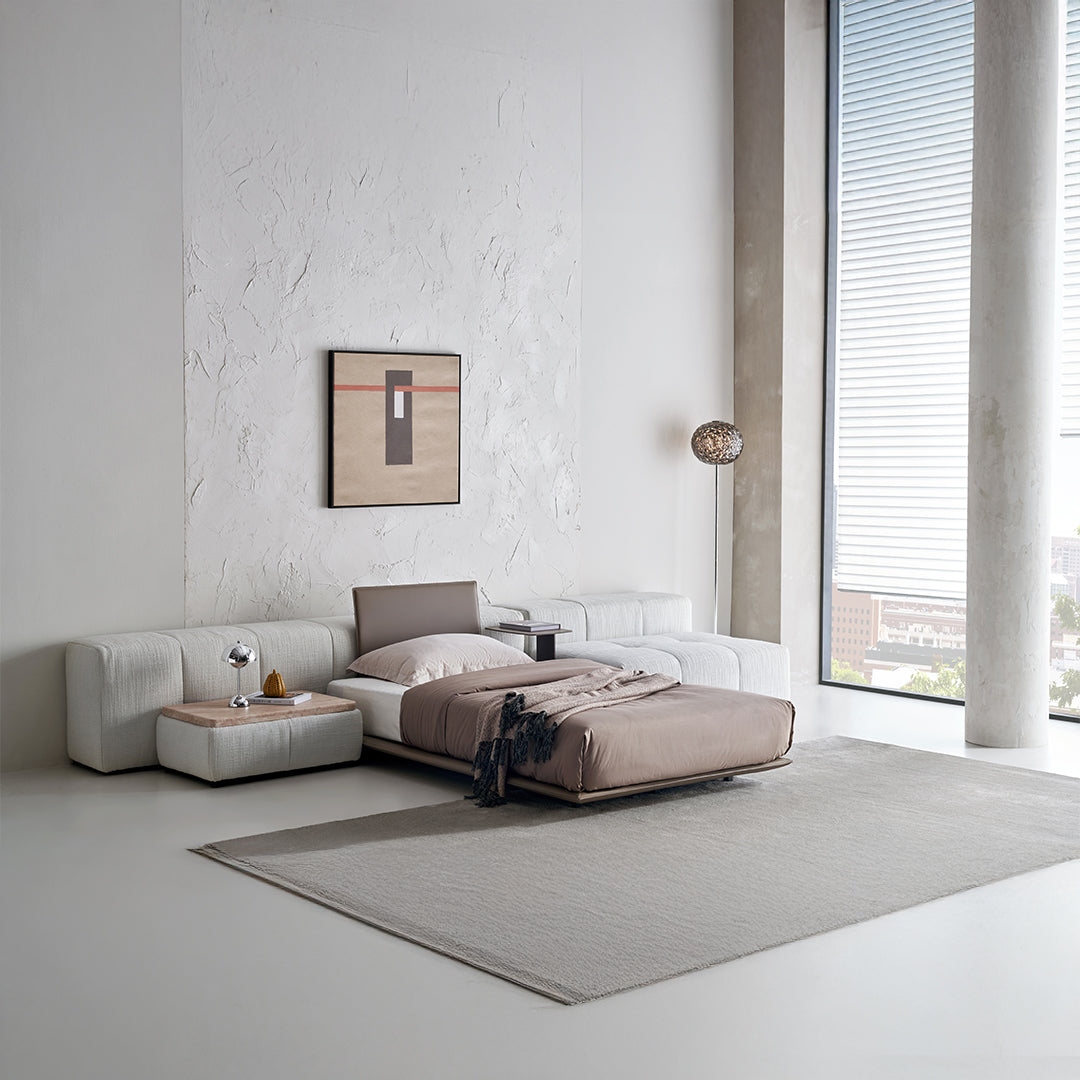 BEACON Puzzle Suspended Single Bed Base with Backrest, modern bedstead in natural wood finish, sturdy and stylish for bedroom decor